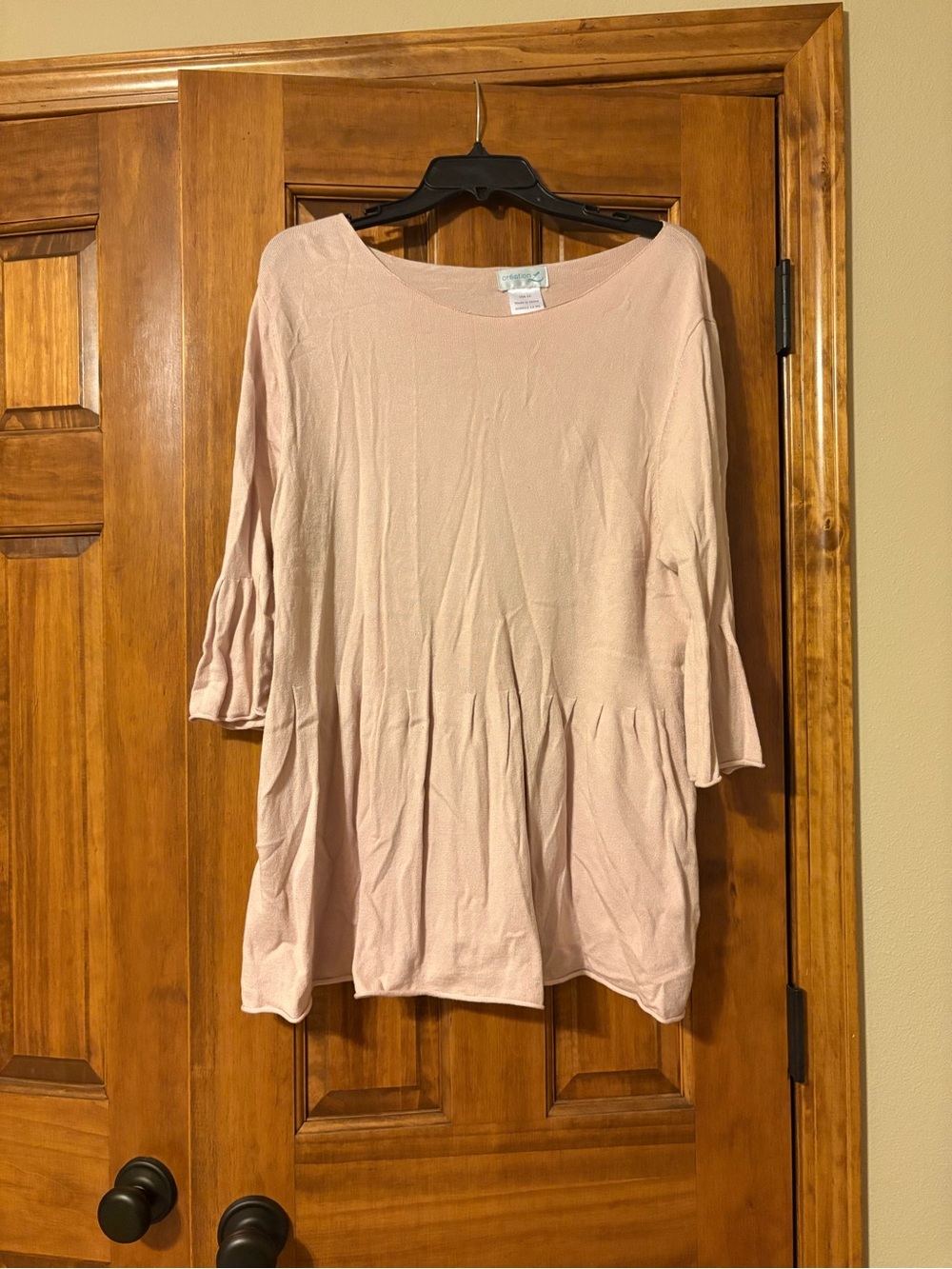Women's Light Pink Scoop-Neck Peplum Sweater with Ruffle Bell Sleeves
